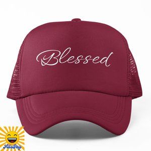 BLESSED Script Foam Trucker Hat Snapback Cap Burgundy